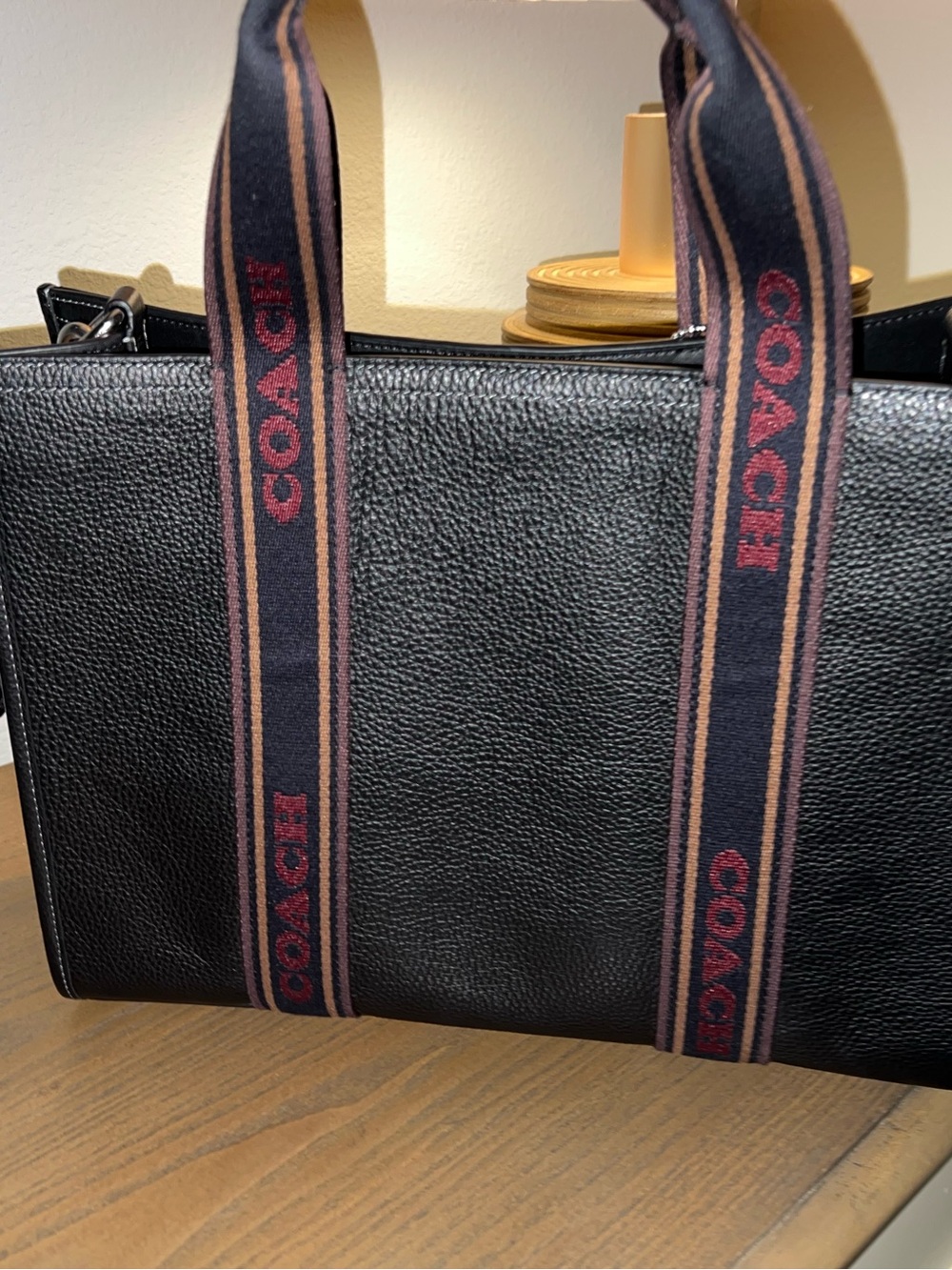 Coach Large Smith Tote Black Pebbled Leather  with Logo Webbing Strap in Red - Picture 2 of 11